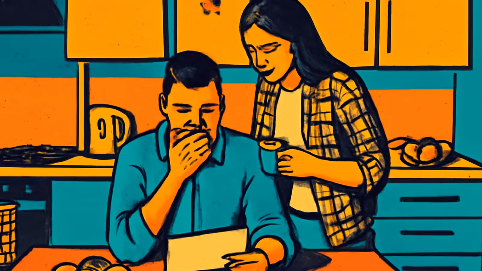 Pop-Art-Illustration eines Mannes, der an einem Küchentisch sitzt, mit einer Hand über dem Mund, während er ein Dokument liest, während eine Frau hinter ihm steht und eine Tasse hält.