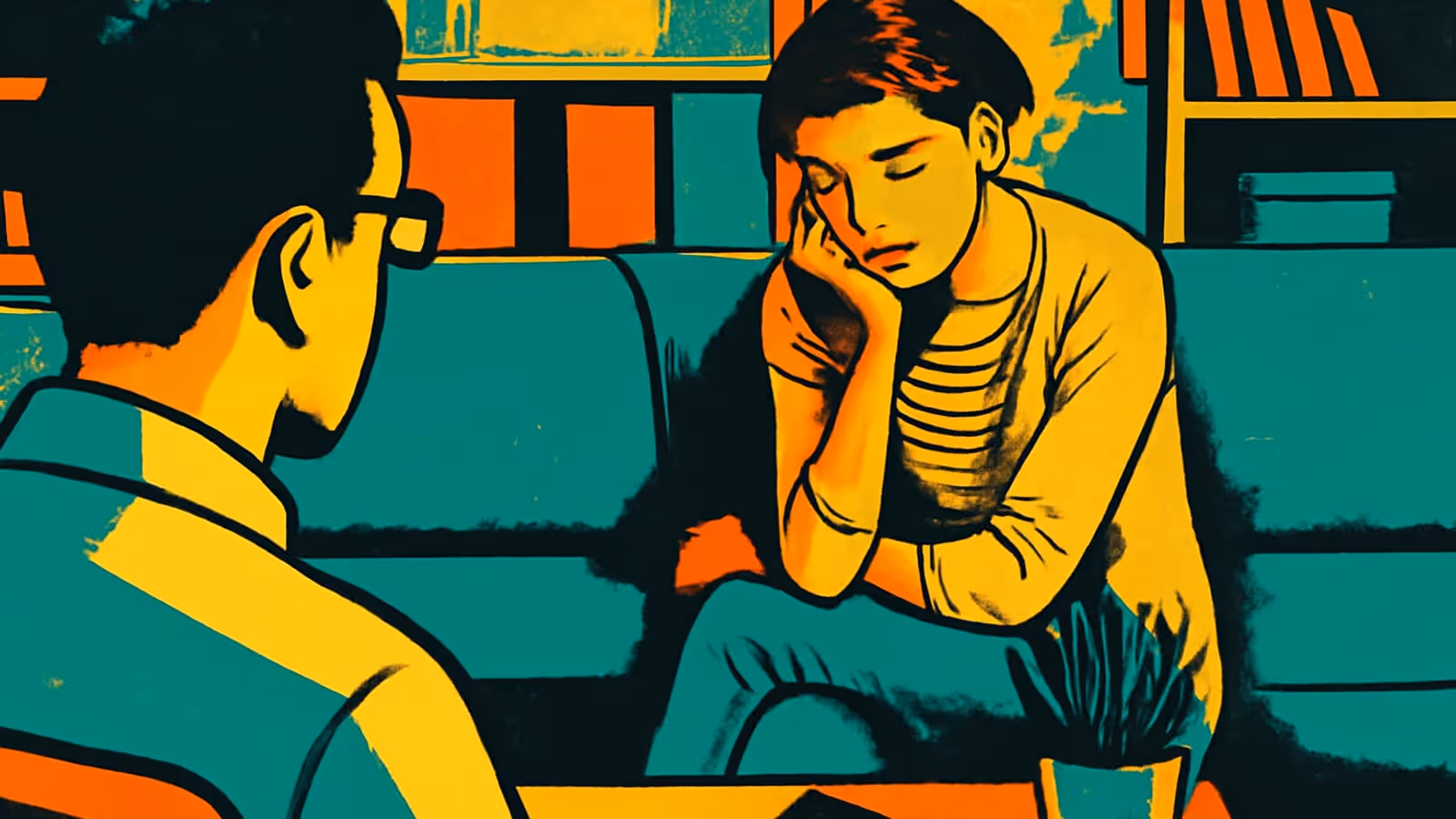 Ilustración de pop-art de dos personas en un sofá color teal en una habitación con estanterías. Una está sentada en primer plano, vista desde atrás, usando gafas; la otra descansa una mejilla sobre una mano con los ojos cerrados.