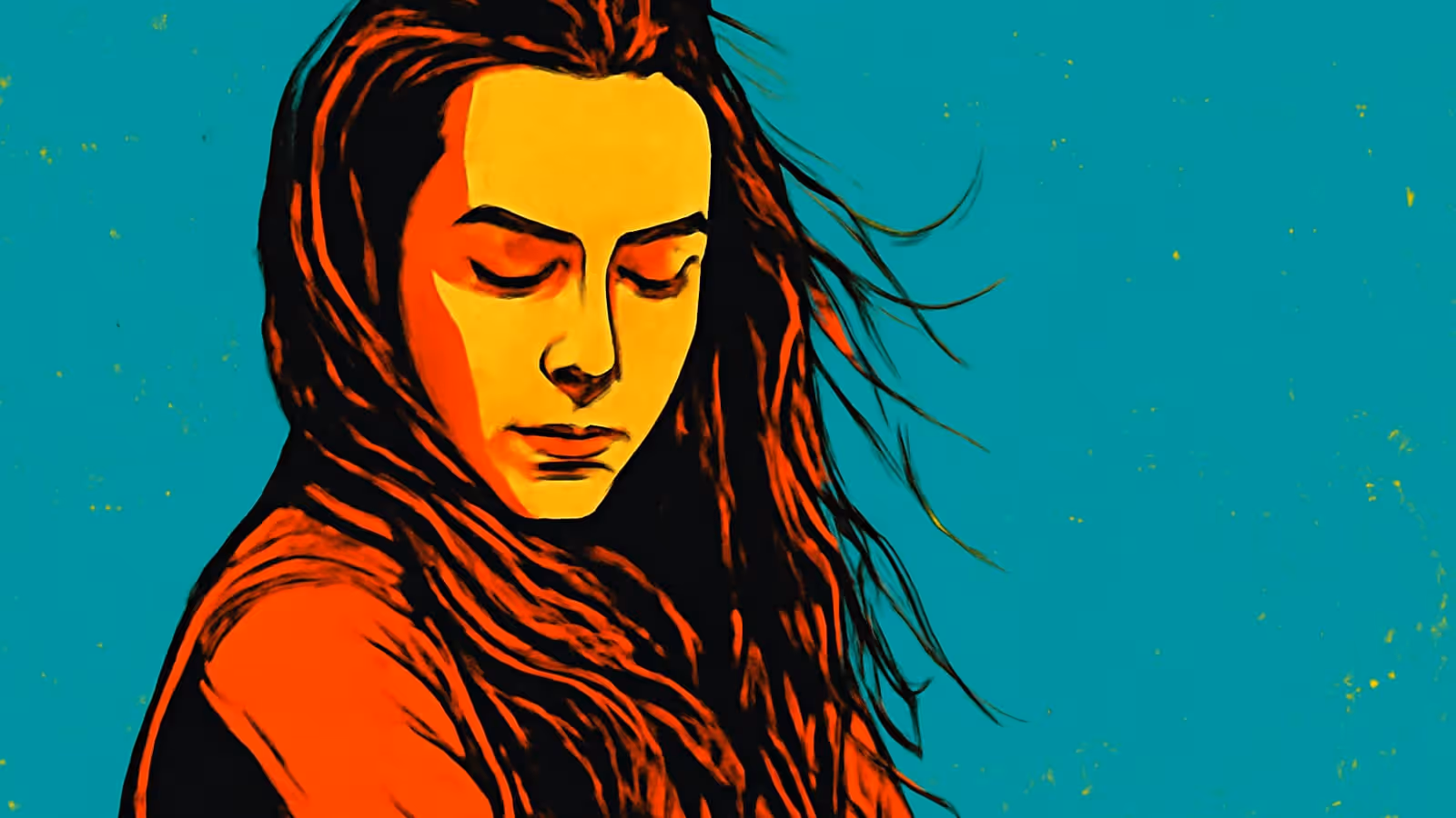 Pop-Art-Illustration einer Frau mit langen Haaren, die nach unten schaut, ihr Gesicht leicht vom Betrachter abgewandt.