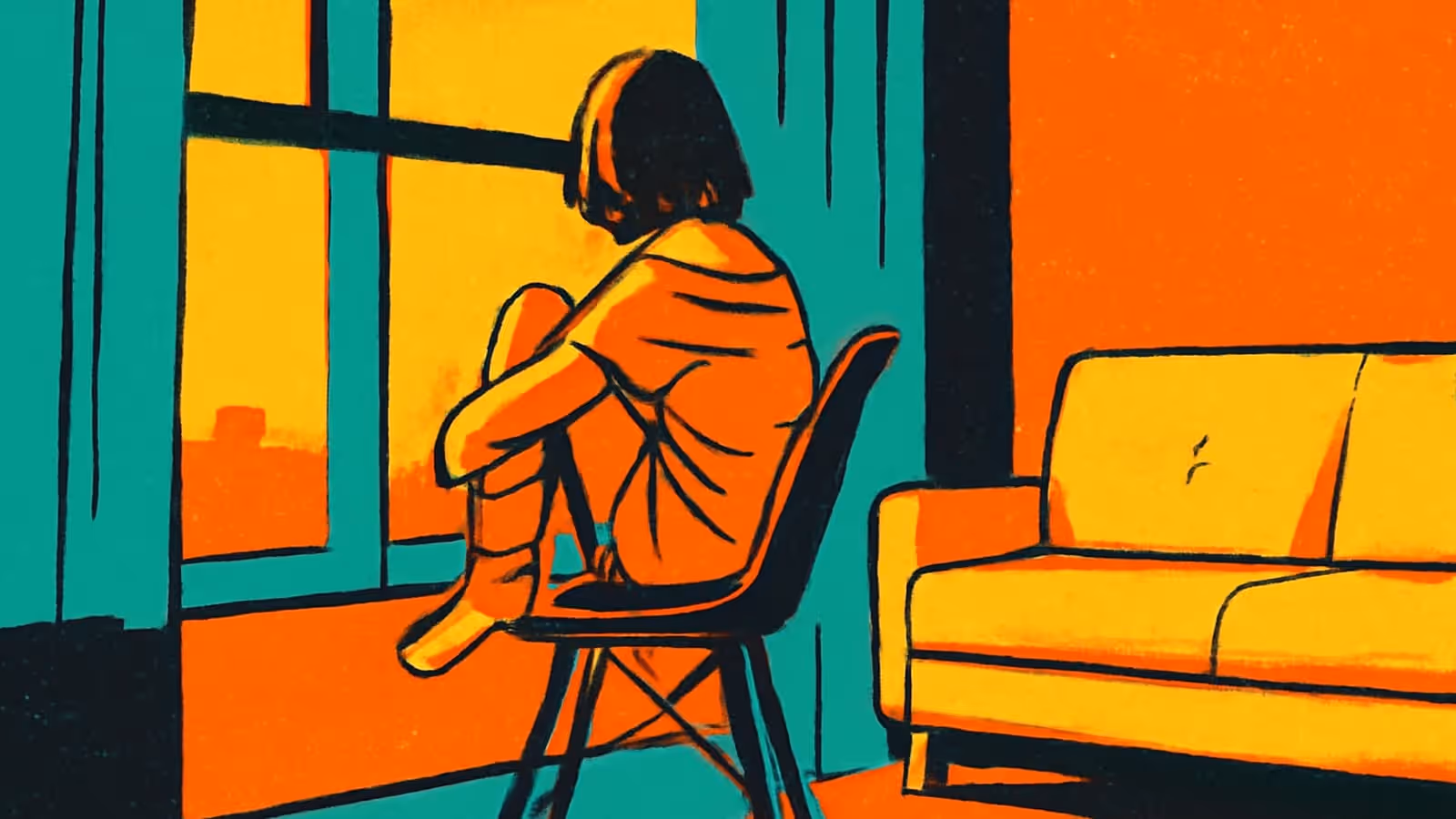 Pop-Art-Illustration einer Frau, die allein auf einem Stuhl neben einem Fenster sitzt, die Knie angezogen, und auf eine Stadtsilhouette in Orange und Türkis schaut.