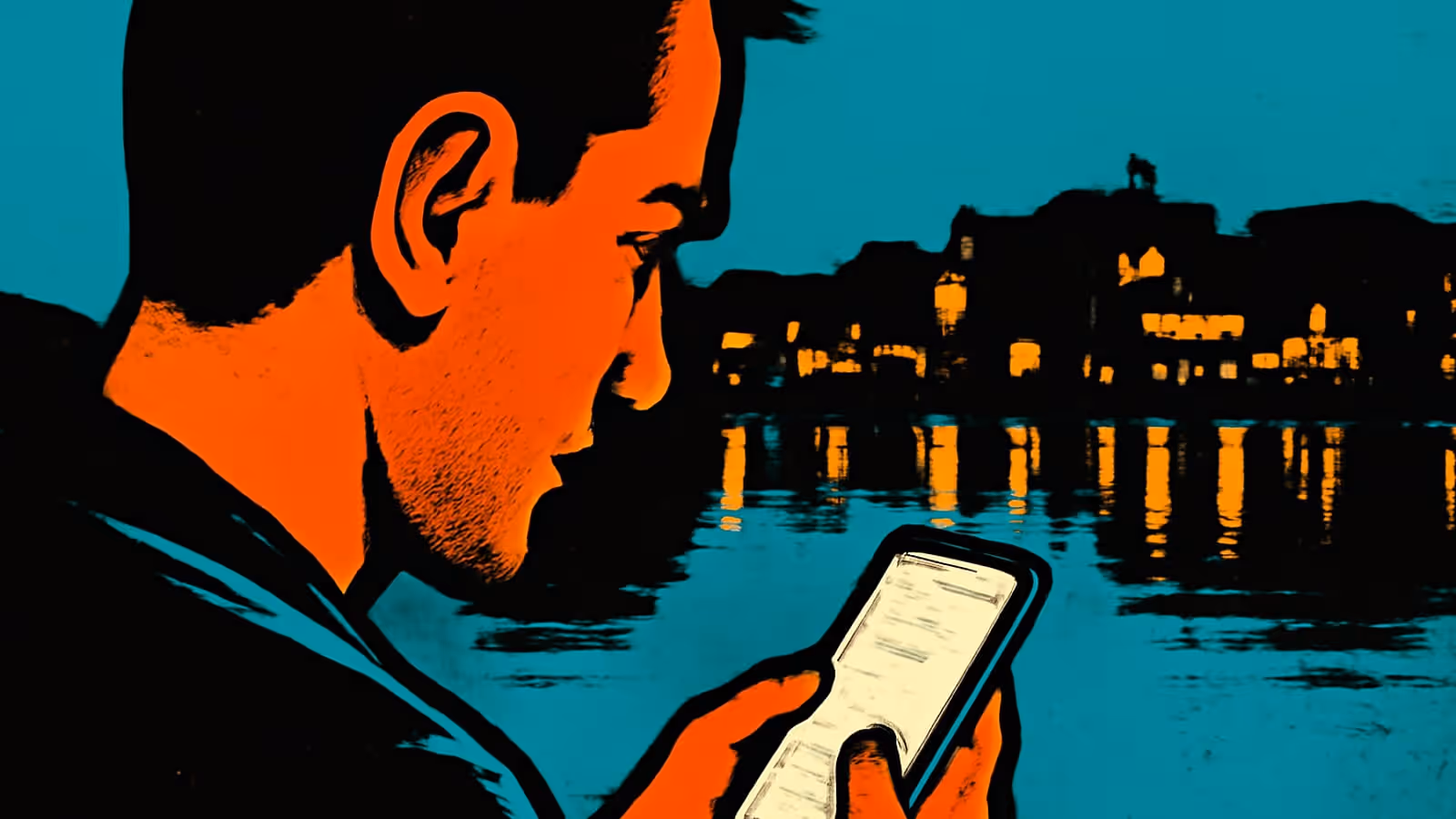 Pop-Art-Illustration eines Mannes im Profil, der nachts auf den leuchtenden Bildschirm seines Handys schaut, mit einer beleuchteten Stadtsilhouette, die sich im Wasser hinter ihm spiegelt.