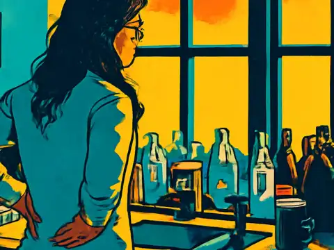 A flat illustration of a person seen from behind at a kitchen counter crowded with bottles and jars, one hand on their hip, a large window in front of them.