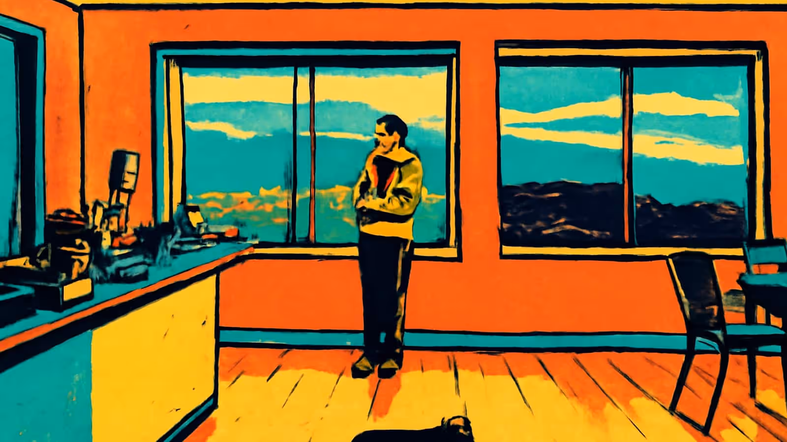 Pop-art illustration of a man standing alone in a large room with a wall of windows.