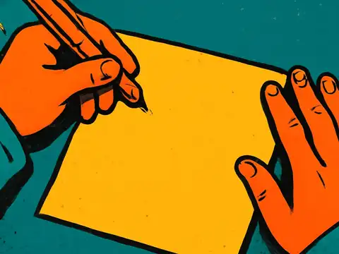 A flat illustration of two hands over a blank yellow card on a teal table, one holding a pen and the other resting flat beside it.