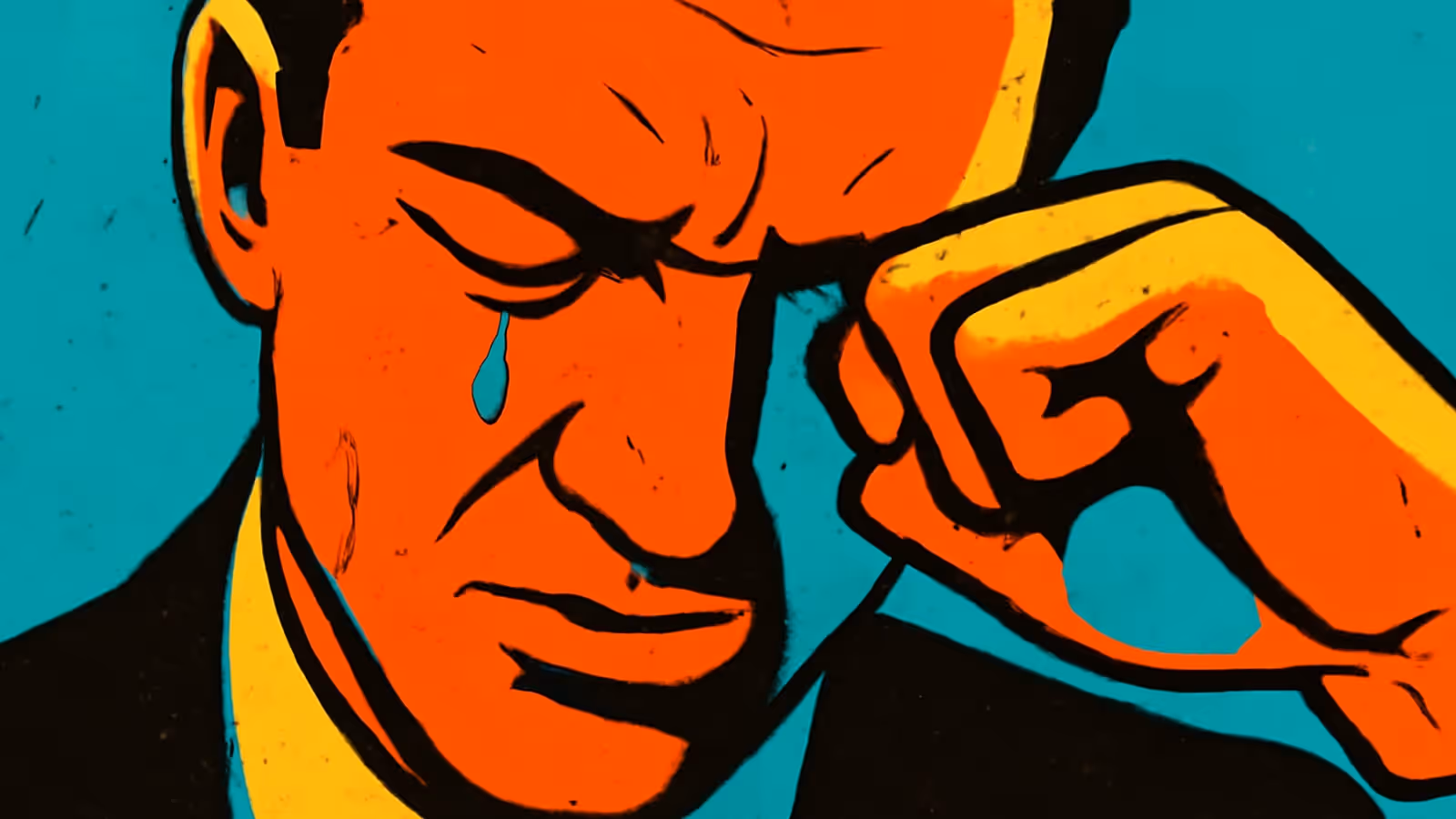 Eine Nahaufnahme einer Person mit geschlossenen Augen und gerunzelter Stirn, eine Hand an der Schläfe und eine einzelne Träne auf der Wange, dargestellt als flache orange, gelbe und türkisfarbene Illustration.