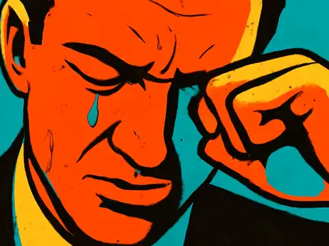 A close-up of a person with their eyes closed and brow furrowed, one hand raised to their temple and a single tear on their cheek, rendered as a flat orange, yellow and teal illustration.