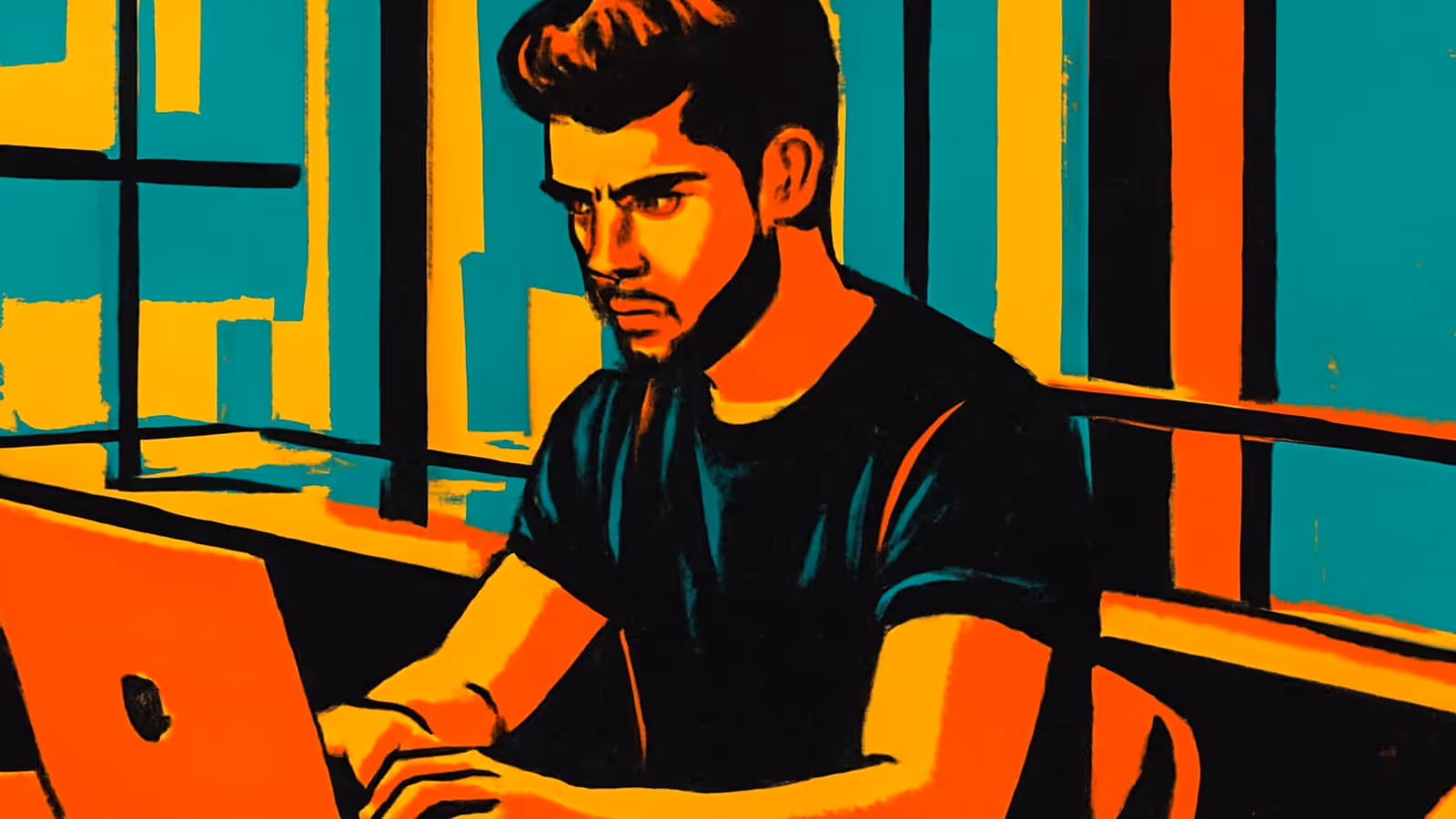 Ilustración de pop-art de una persona en una laptop junto a una ventana, con las manos en el teclado, mirando más allá de la pantalla en lugar de hacia ella.