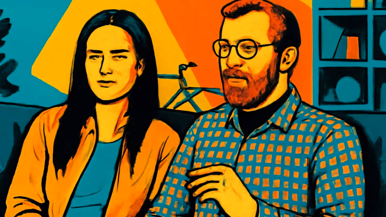 Pop-art illustration of two people sitting side by side on a sofa in a living room, one with a hand raised mid-gesture as if speaking.
