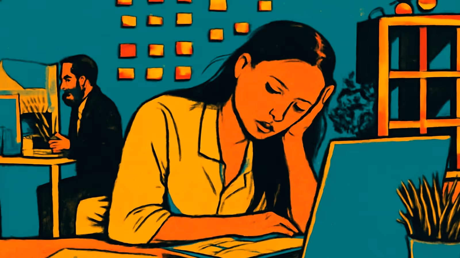 Pop-Art-Illustration einer Frau, die ihren Kopf auf eine Hand an einem Schreibtisch vor einem Laptop stützt, während ein Kollege an einem Schreibtisch hinter ihr arbeitet.