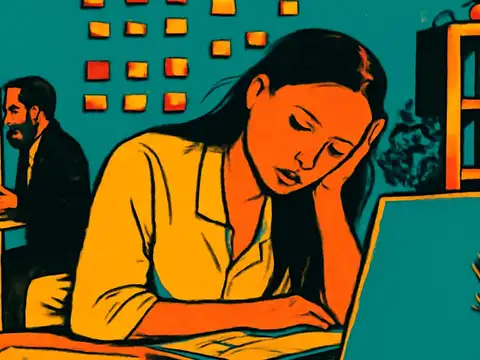 Pop-art illustration of a woman resting her head on one hand at a desk in front of a laptop, with a colleague working at a desk behind her.